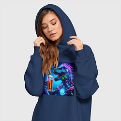 Женское худи-платье Неоновый крутой пивозавр - нейроарт, цвет: тёмно-синий — фото 2