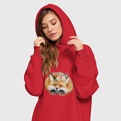 Женское худи-платье Милая пушистая лисичка в цветах, цвет: красный — фото 2