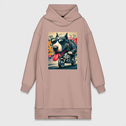 Женское худи-платье Бультерьер управляет мотоциклом - граффити, цвет: пыльно-розовый