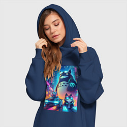 Женское худи-платье Totoro and cats - cyberpunk, цвет: тёмно-синий — фото 2