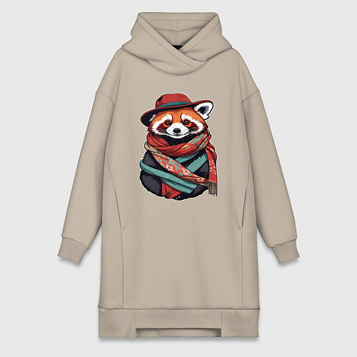 Женская толстовка-платье Красная панда в шляпе и шарфе / Миндальный – фото 1