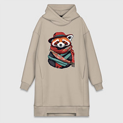 Женское худи-платье Красная панда в шляпе и шарфе, цвет: миндальный