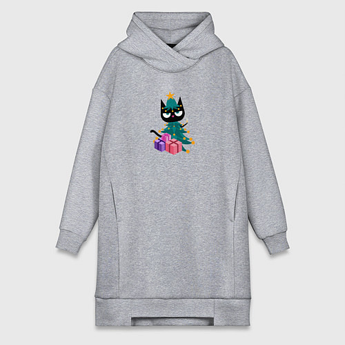 Женская толстовка-платье Черный кот в костюме новогодней елки / Меланж – фото 1