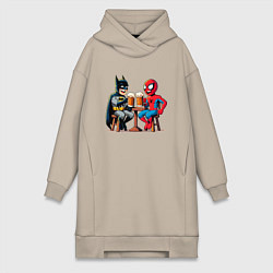 Женское худи-платье Бэтмен и человек Паук пьют пиво, цвет: миндальный