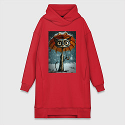 Женское худи-платье Уличный кот под мокром снегом, цвет: красный