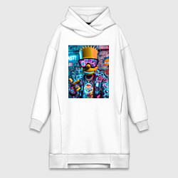 Женское худи-платье Неоновый Барт Симпсон на фоне стены с граффити, цвет: белый