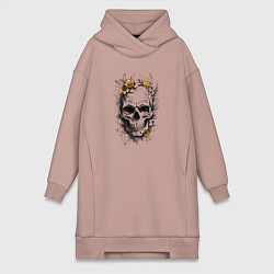 Женское худи-платье Череп с желтыми цветами, цвет: пыльно-розовый