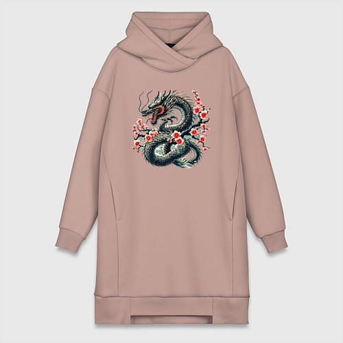 Женская толстовка-платье Japanese dragon and sakura - irezumi / Пыльно-розовый – фото 1