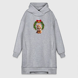 Женское худи-платье Новогодний котик с рождественским венком, цвет: меланж