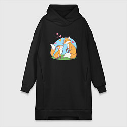 Женское худи-платье Свидание влюбленных лисичек, цвет: черный
