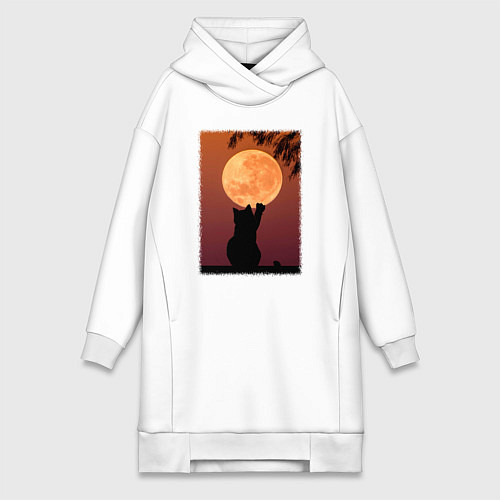 Женская толстовка-платье Кот трогает луну / Белый – фото 1