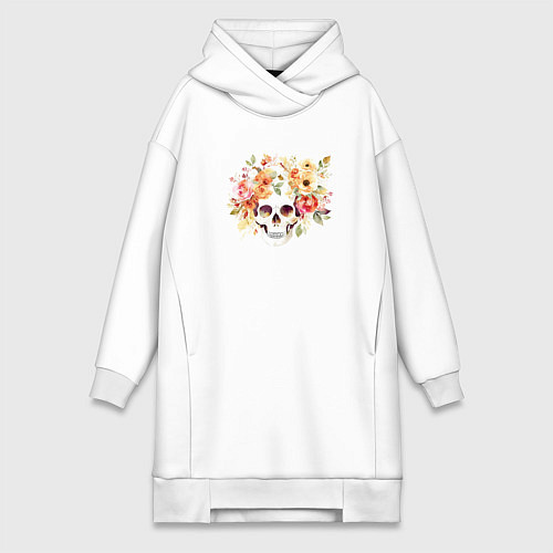 Женская толстовка-платье Акварельный череп с цветами / Белый – фото 1