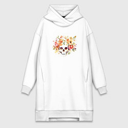 Женское худи-платье Акварельный череп с цветами, цвет: белый