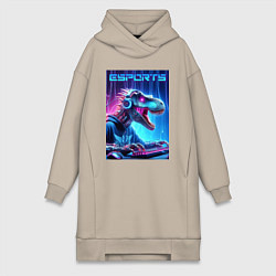 Женское худи-платье Tyrannosaurus is esports player - neon glow, цвет: миндальный