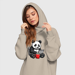 Женское худи-платье Панда с кофе за ноутбуком, цвет: миндальный — фото 2