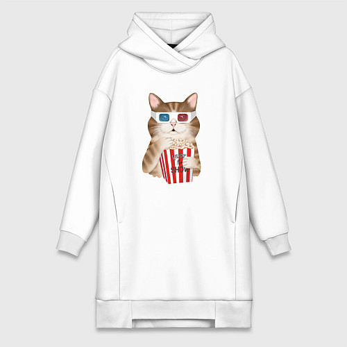 Женская толстовка-платье Котик киноман в очках 3d / Белый – фото 1