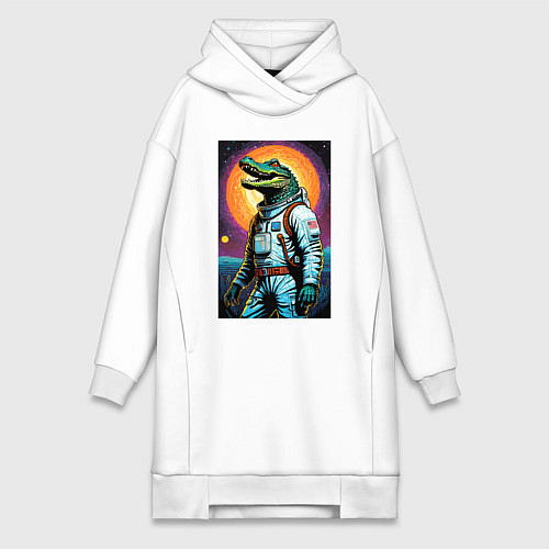 Женская толстовка-платье Крокодил бравый космонавт - нейроарт / Белый – фото 1
