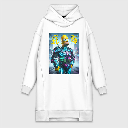 Женская толстовка-платье Homer Simpson - neon glow ai art / Белый – фото 1