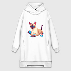 Женское худи-платье Игривый сиамский котик, цвет: белый