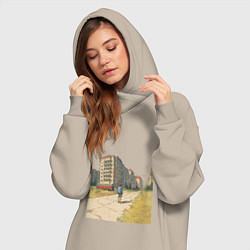 Женское худи-платье Мальчик на улице хрущевок ретро 1970-е, цвет: миндальный — фото 2