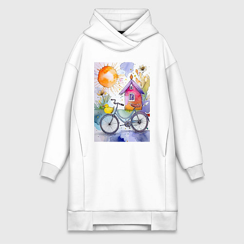 Женская толстовка-платье Утенок на велосипеде - акварель / Белый – фото 1