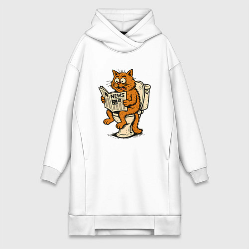 Женская толстовка-платье Кот на унитазе читает новости / Белый – фото 1