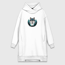 Женская толстовка-платье Голова волка над лесом и силуэт оленя