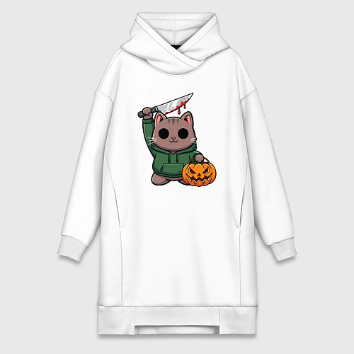 Женская толстовка-платье Котик с ножом и тыквой / Белый – фото 1