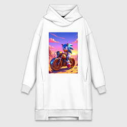 Женское худи-платье Ёж Соник на ржавом ретро мотоцикле в пустыне, цвет: белый