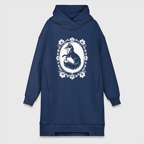 Женская толстовка-платье Лиса в цветочной раме / Тёмно-синий – фото 1