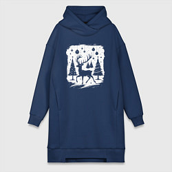 Женское худи-платье Олень в новогоднем лесу, цвет: тёмно-синий