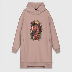 Женское худи-платье Красный конь с розами, цвет: пыльно-розовый