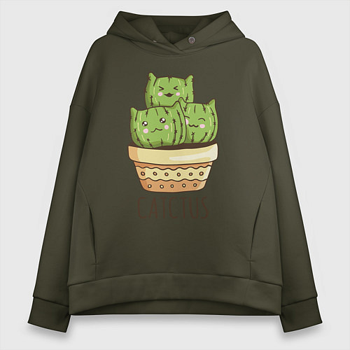 Женское худи оверсайз Кактус Котики / Хаки – фото 1