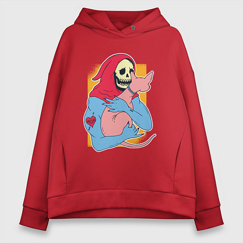 Женское худи оверсайз Скелетор дежит кота / Красный – фото 1