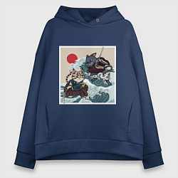 Толстовка оверсайз женская Битва японских котов Z, цвет: тёмно-синий