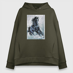 Толстовка оверсайз женская Лошадь арт, цвет: хаки