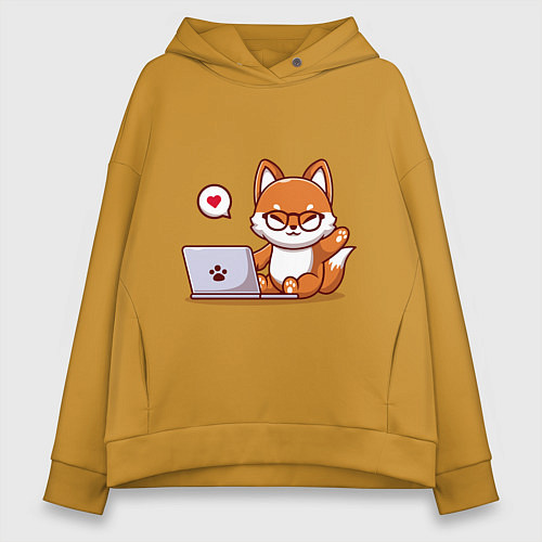 Женское худи оверсайз Cute fox and laptop / Горчичный – фото 1