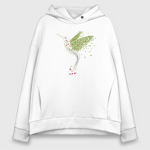 Женское худи оверсайз Колибри из листья и цветов / Белый – фото 1