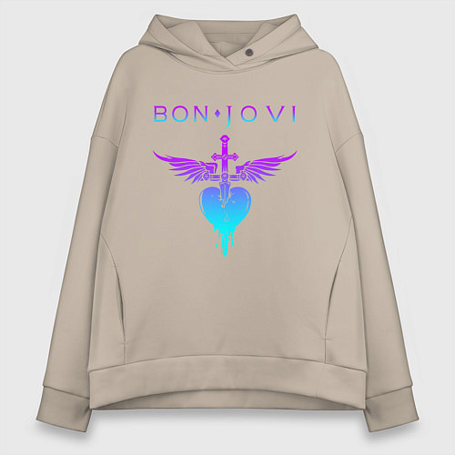 Женское худи оверсайз BON JOVI NEON LOGO HEART / Миндальный – фото 1