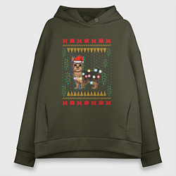 Толстовка оверсайз женская Рождественский свитер Йоркшик, цвет: хаки
