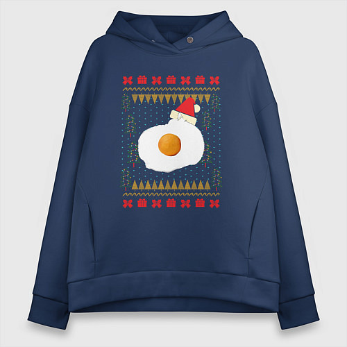 Женское худи оверсайз Рождественский свитер Кот-яичница / Тёмно-синий – фото 1