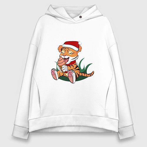 Женское худи оверсайз Новогодний тигр ест / Белый – фото 1