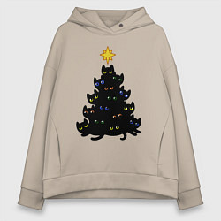 Толстовка оверсайз женская НовоКОТняя елка, цвет: миндальный