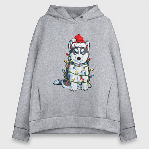 Женское худи оверсайз НОВОГОДНИЙ ХАСКИ В ГИРЛЯНДЕ / Меланж – фото 1