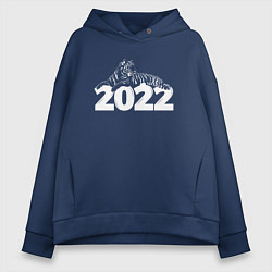 Толстовка оверсайз женская Новогодний тигр 2022 White, цвет: тёмно-синий