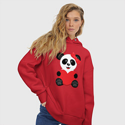 Толстовка оверсайз женская Панда с сердцем на прозрачном фоне, цвет: красный — фото 2