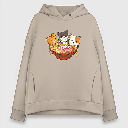 Женское худи оверсайз Kawaii Cat Ramen / Миндальный – фото 1