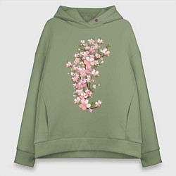 Толстовка оверсайз женская Весна Цветущая сакура Japan, цвет: авокадо
