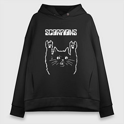 Толстовка оверсайз женская Scorpions Скорпионс Рок кот, цвет: черный