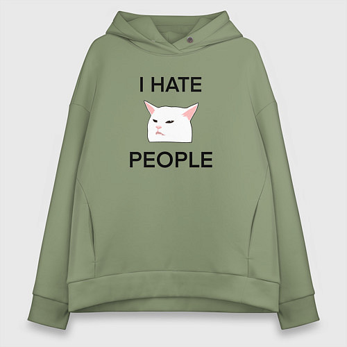 Женское худи оверсайз I hate people, текст с белым котом / Авокадо – фото 1